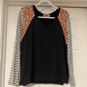 Haptics Black Top with Brown Leopard and Striped Sleeves
